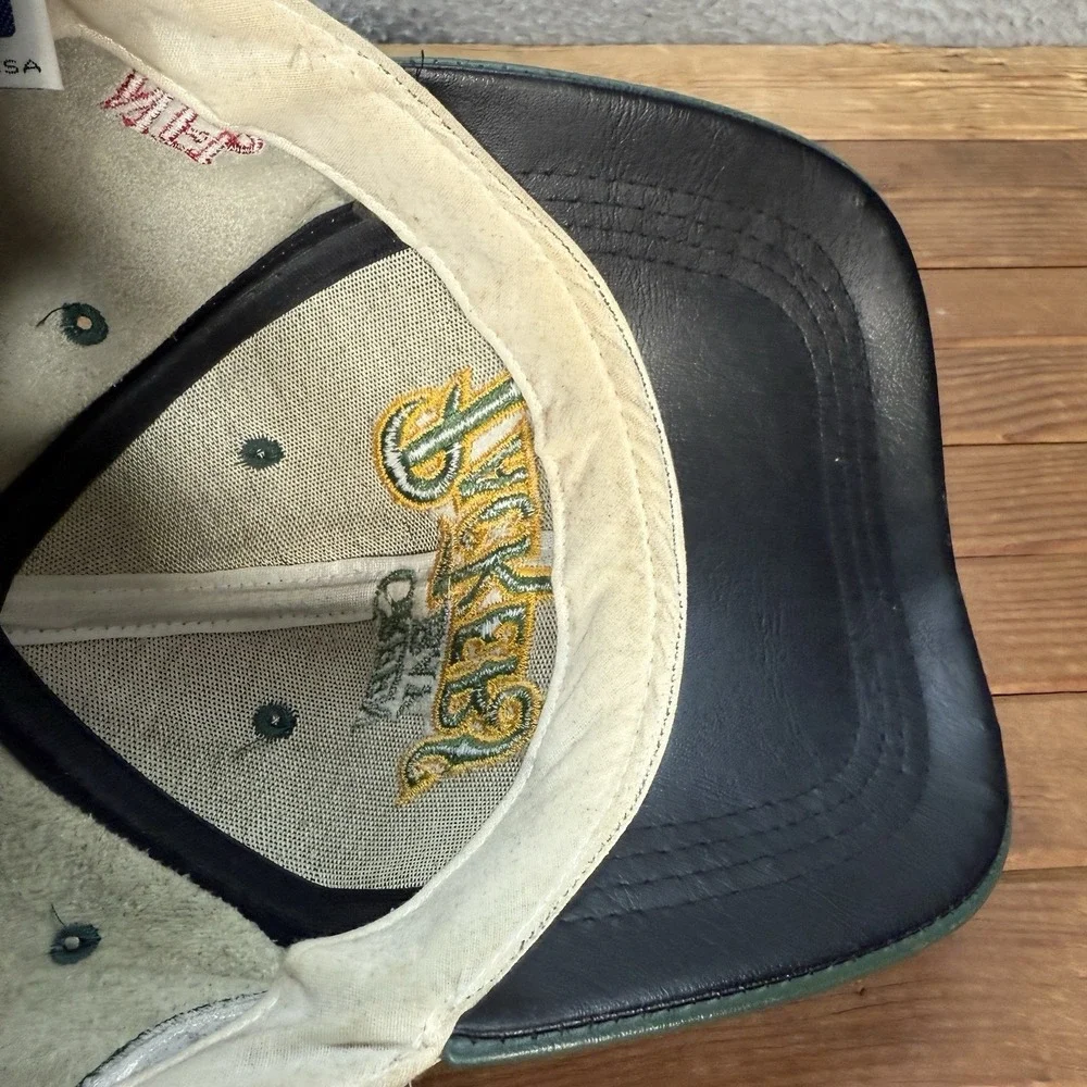 Vintage Green Bay Packers Hat Adult‎ White Green Leather Snapback Cap NFL 90s